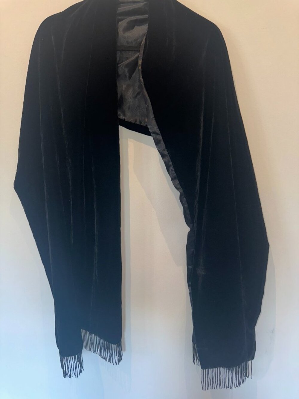 Vintage Black Velvet Beaded Fringe Evening Shawl Wrap Scarf